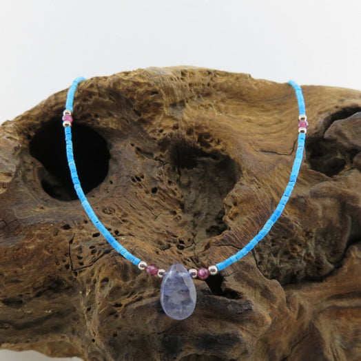 Turquoise Necklace with Iolite, Garnet and Silver Beads