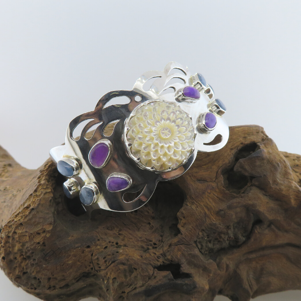Mother of Pearl (Flower Curved) Sterling Silver Bangle with Kyanite and Sugilite
