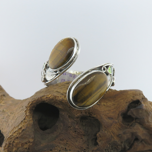Tiger's Eye Sterling Silver Bangle with Citrine and Peridot