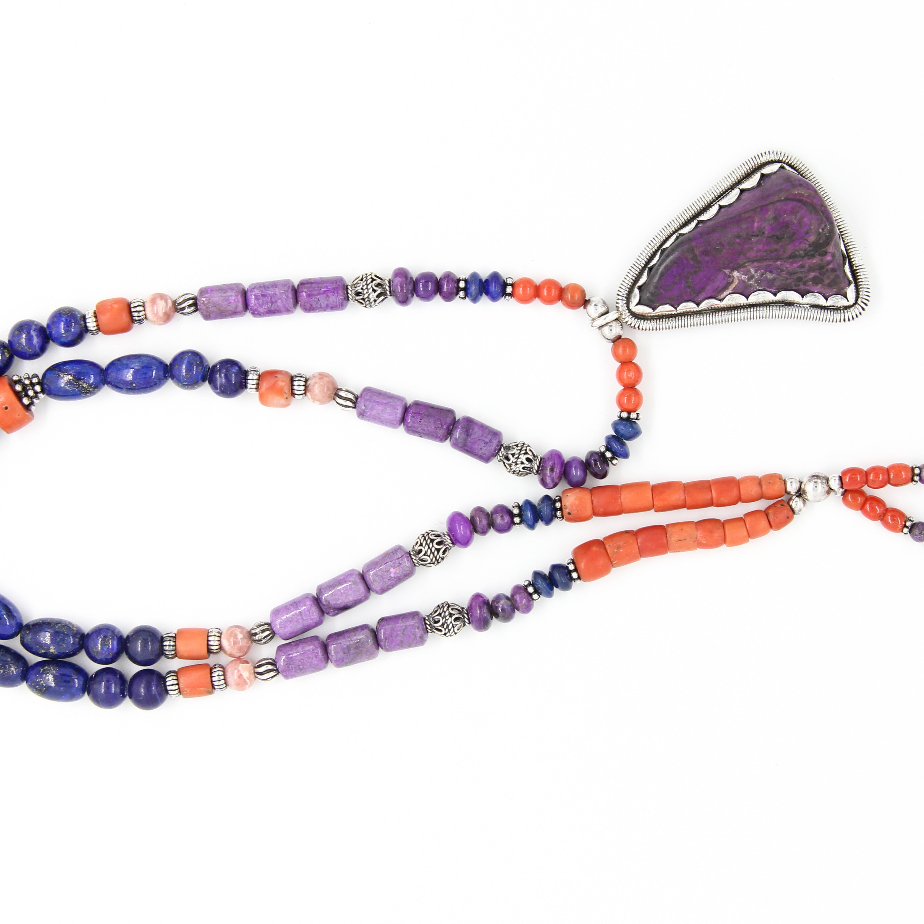 Sugilite Necklace with Red Coral, Lapis Lazuli, Rhodochrosite, Kyanite and Silver Beads