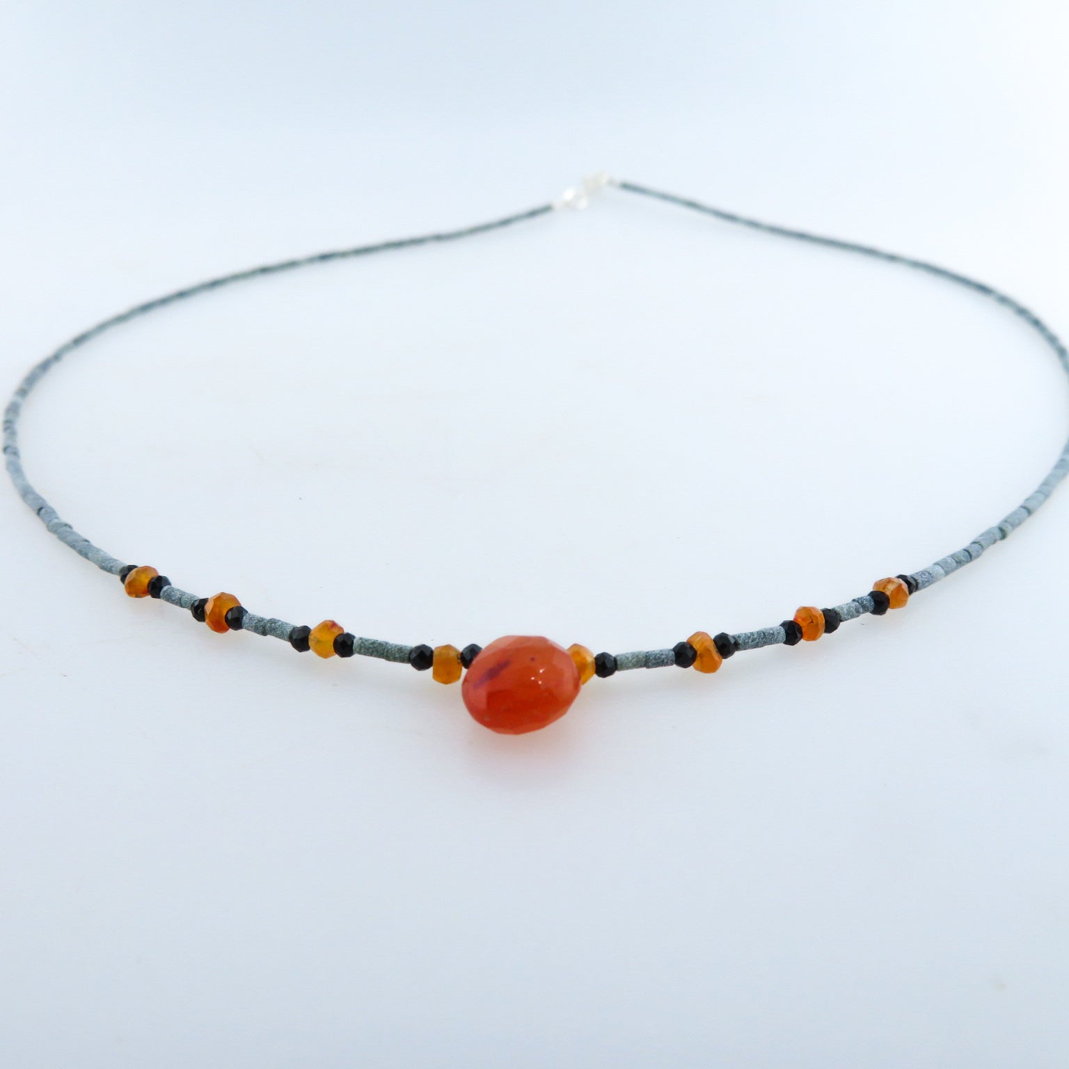 Jade Necklace with Carnelian, Black Onyx and Silver Beads