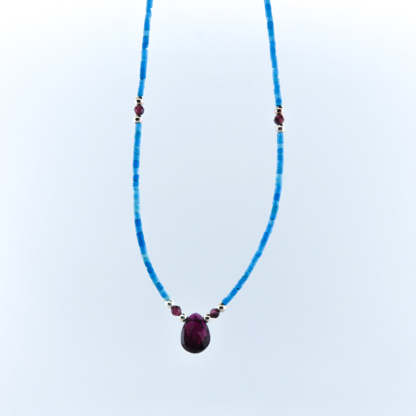 Turquoise Necklace with Garnet and Silver Beads