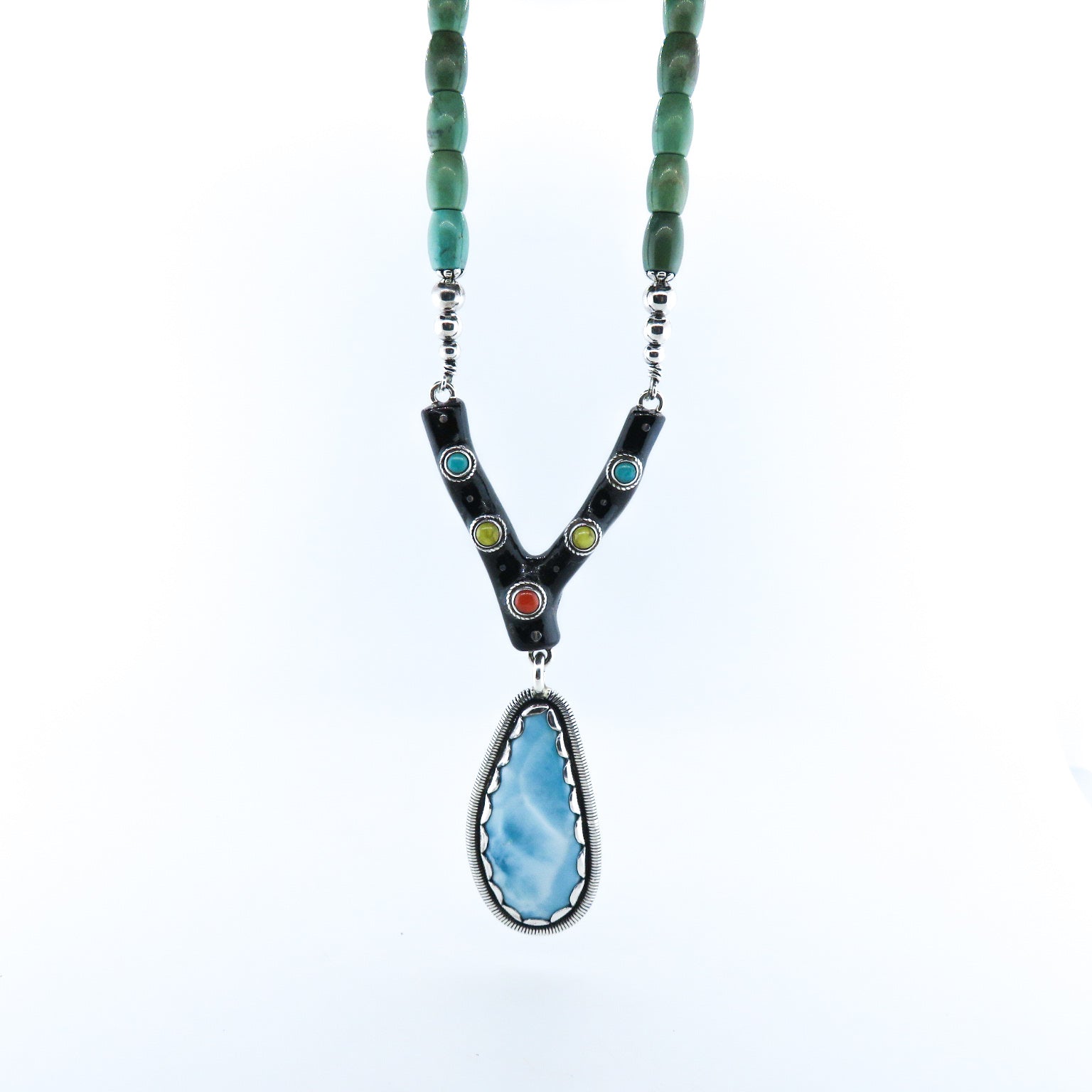 Larimar Stone Necklace with Black Coral, Turquoise, Red Coral, Lapis Lazuli, Aquamarine, Jade and Silver Beads