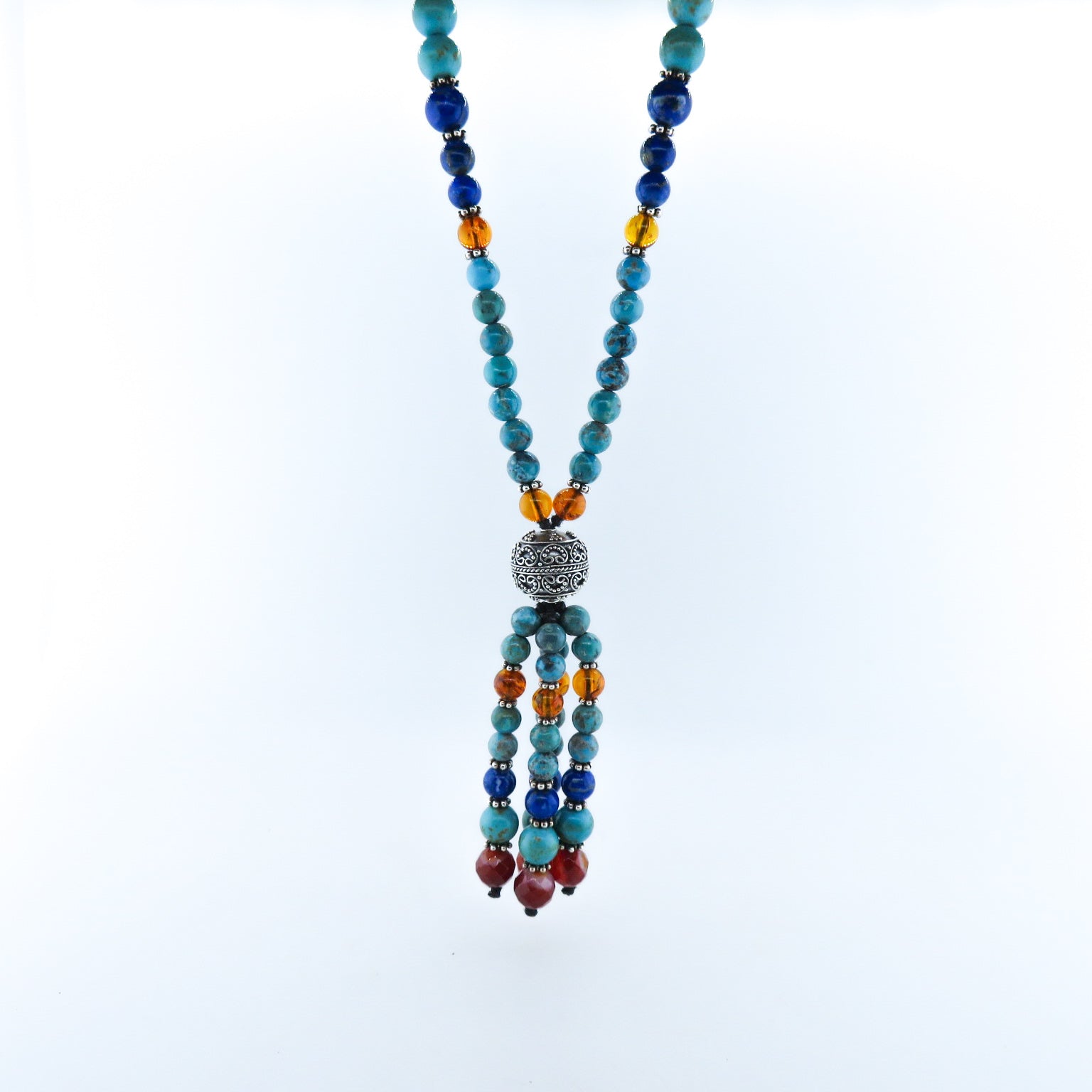 Turquoise Beads Necklace with Carnelian, Lapis Lazuli, Amber and Silver Beads