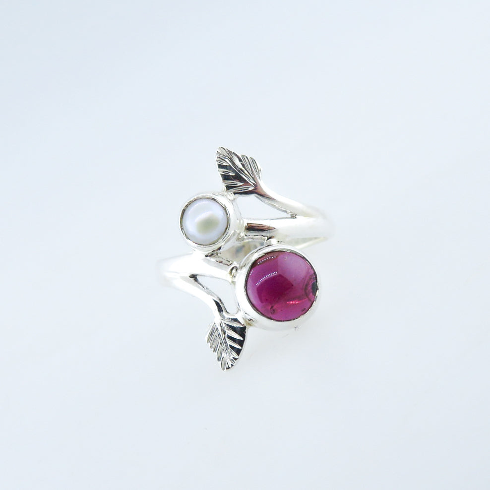 Sterling Silver Ring with Garnet and Fresh Water Pearl
