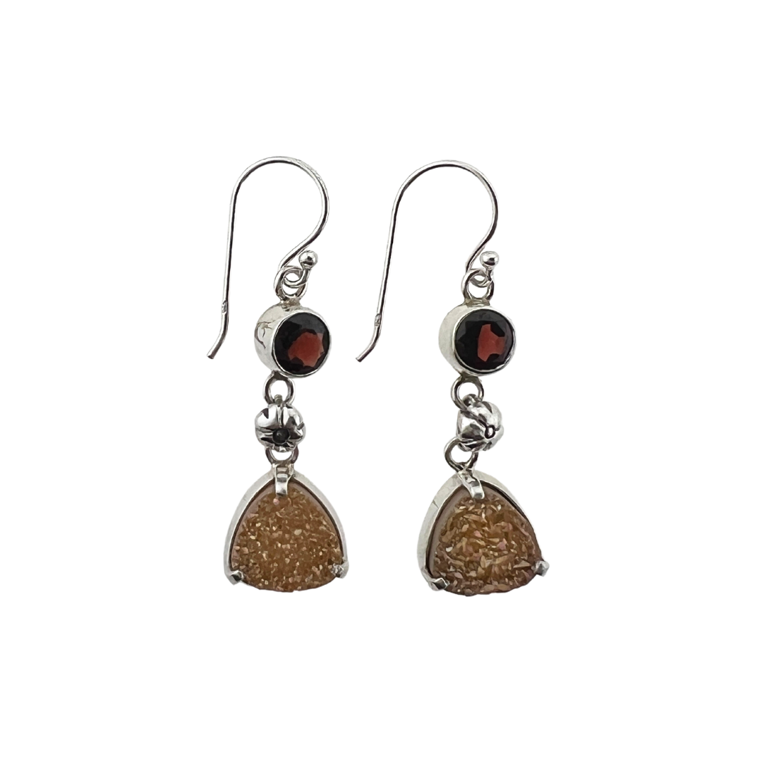 Drusy Quartz Earring with Garnet and Sterling Silver