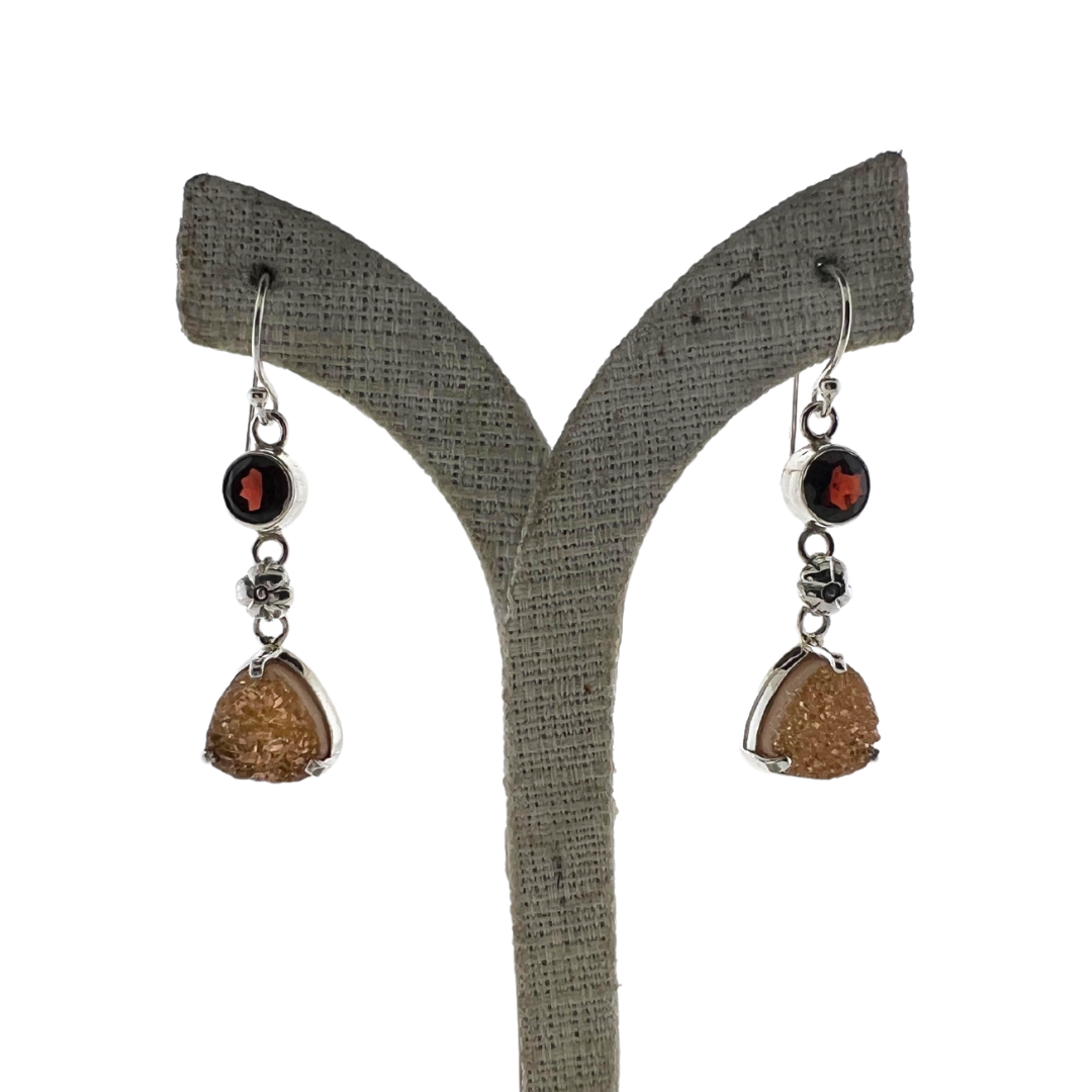 Drusy Quartz Earring with Garnet and Sterling Silver
