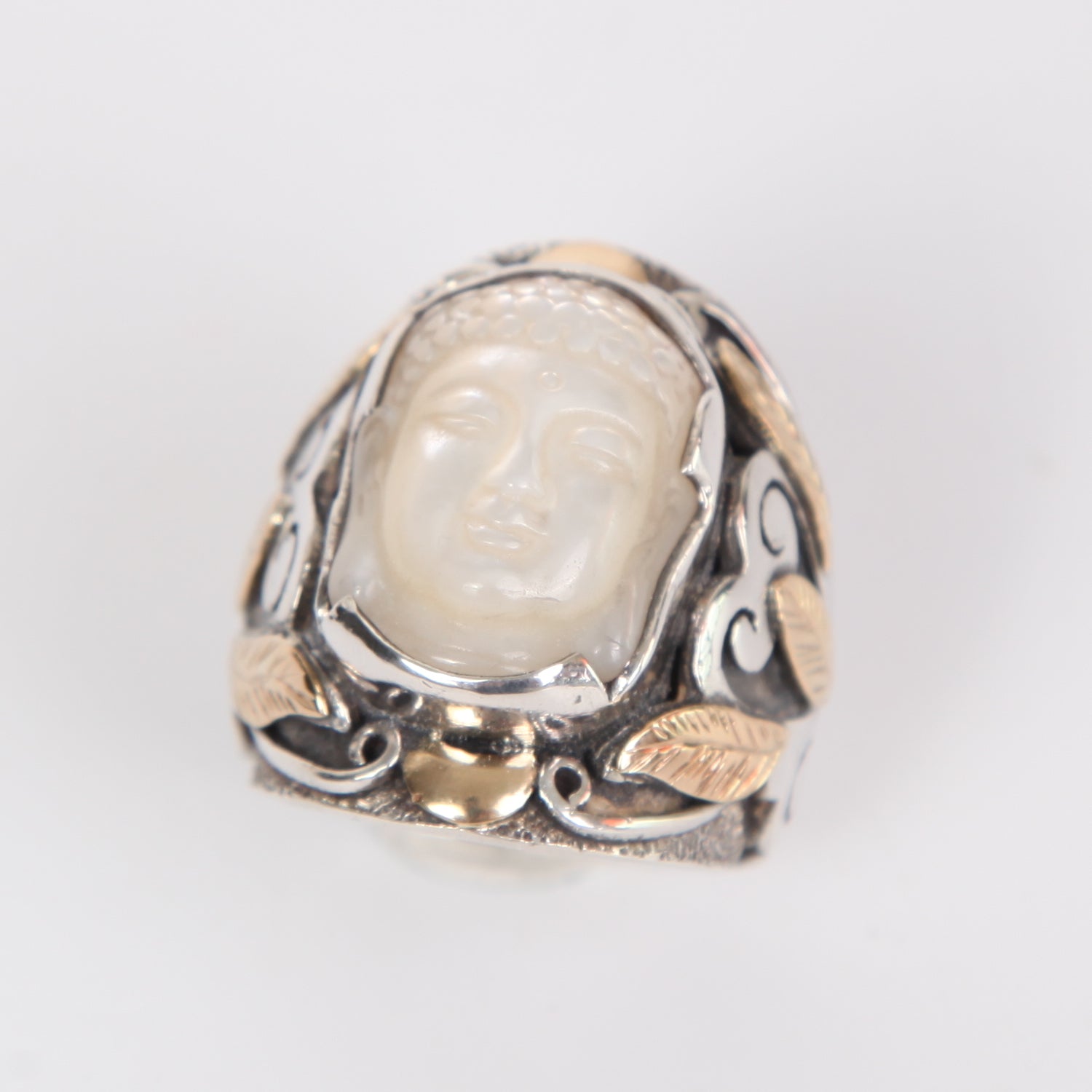 Mother of Pearl Buddha Head Ring with Sterling Silver and 18k Gold