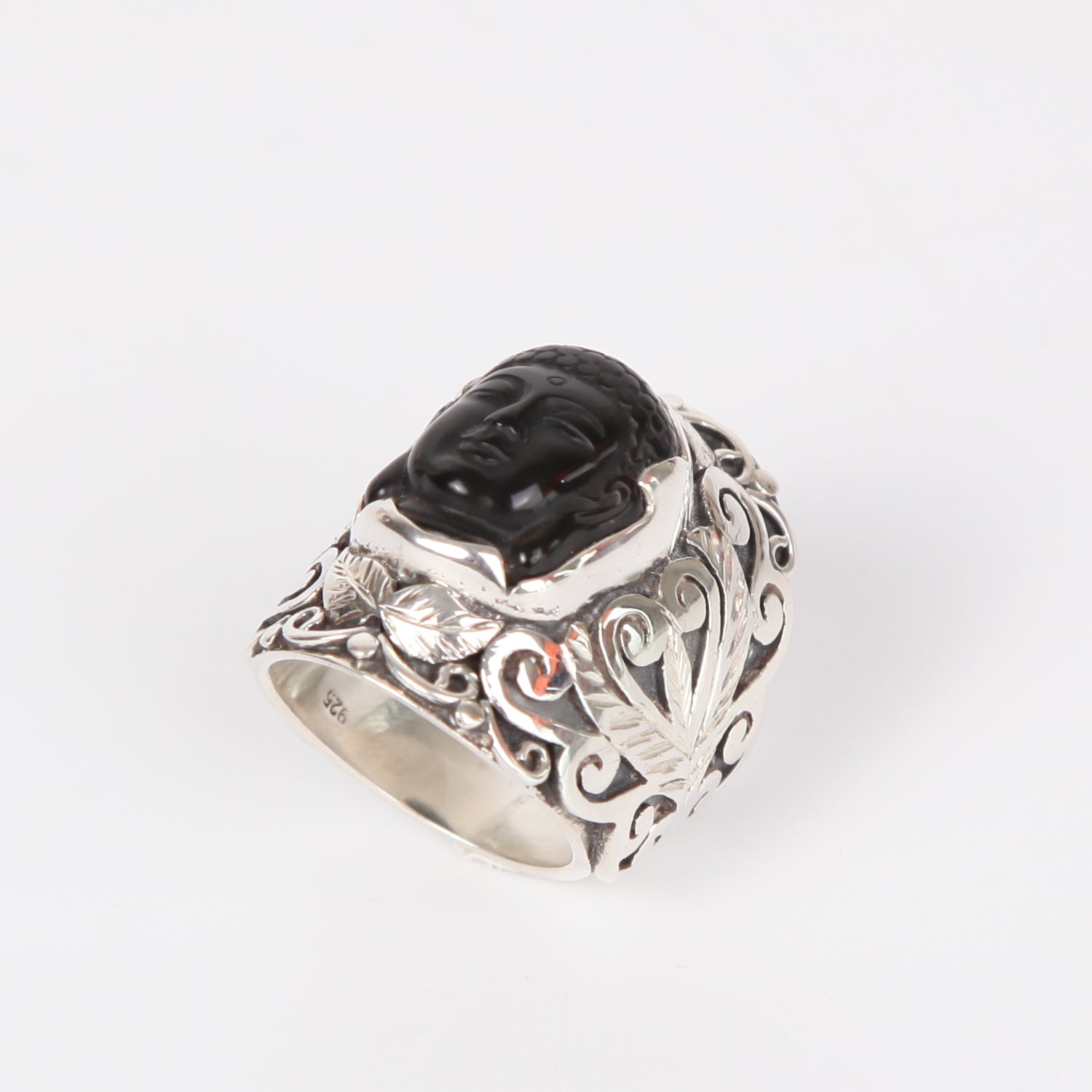 Obsidian Buddha Head Ring with Sterling Silver
