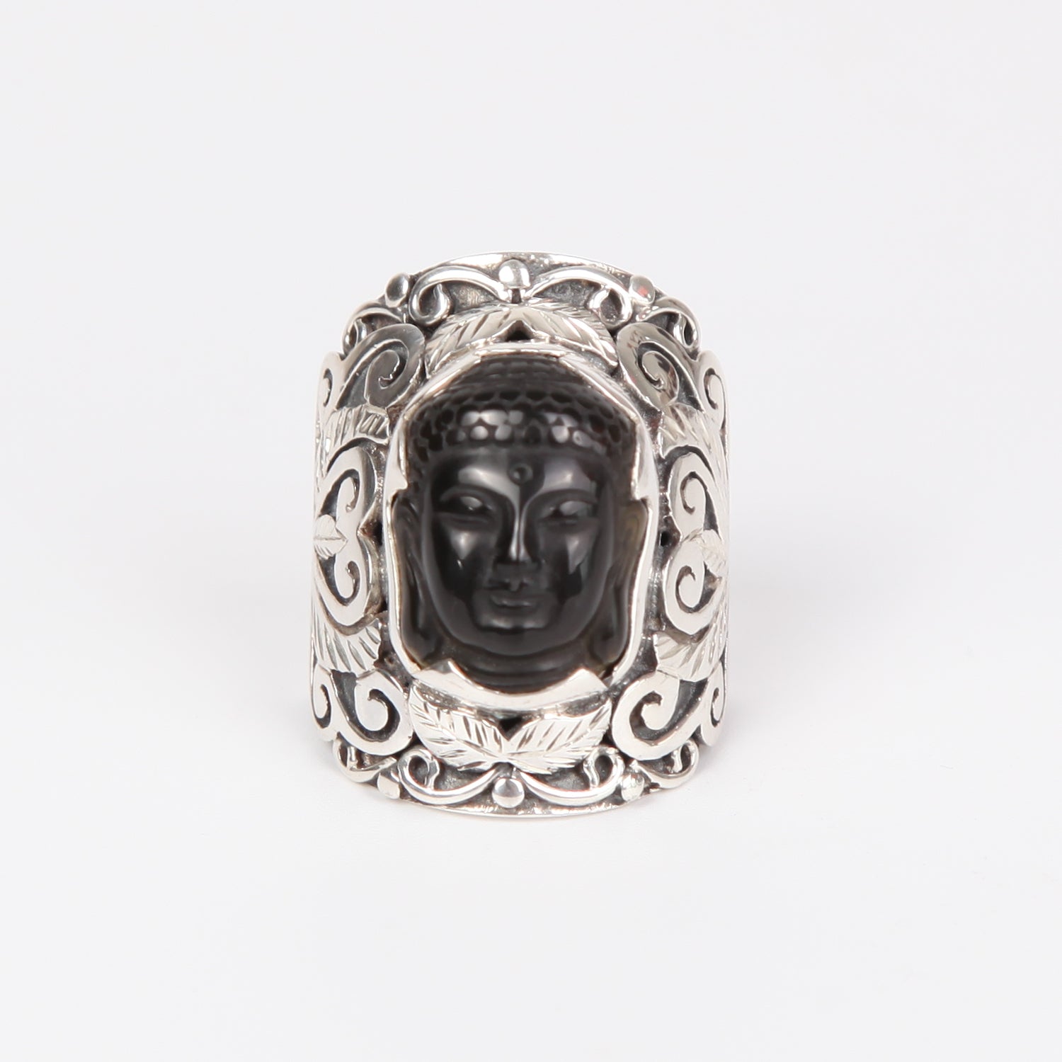 Obsidian Buddha Head Ring with Sterling Silver