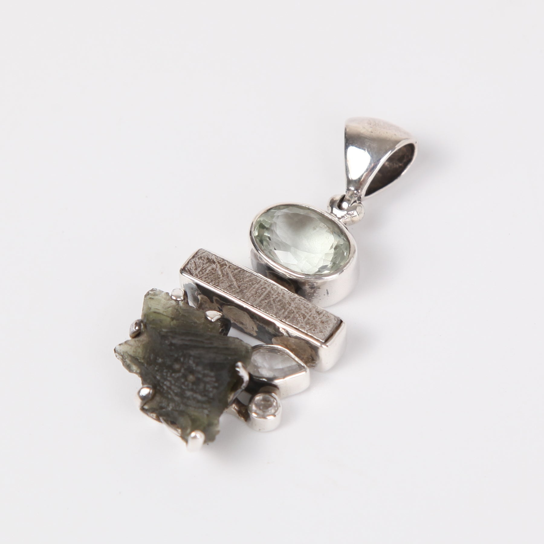 Iron Nickle Meteorite Pendant with Green Amethyst, Moldavite, White Topaz and Sterling Silver