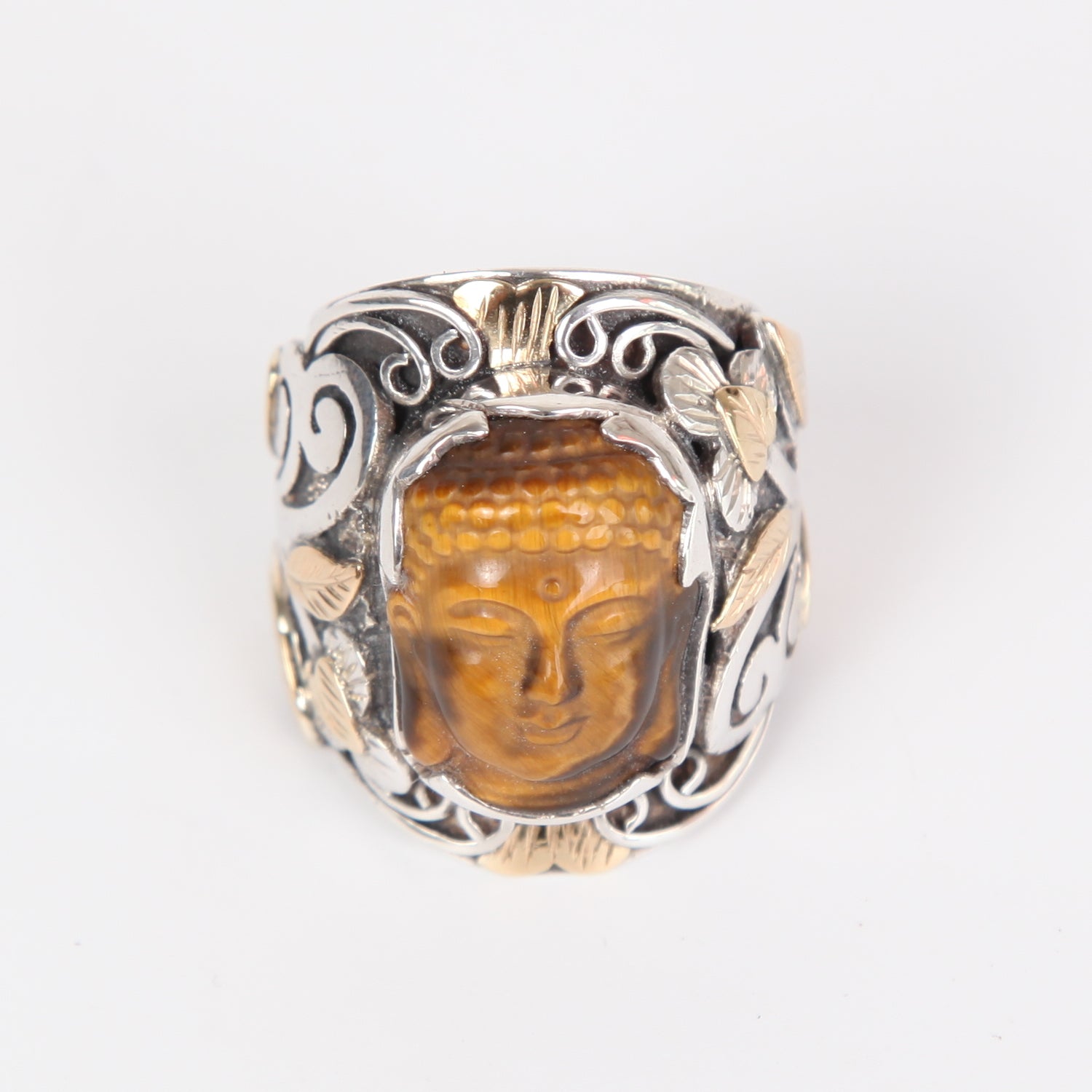 Tiger's Eye Buddha Head Ring with Sterling Silver and 18k