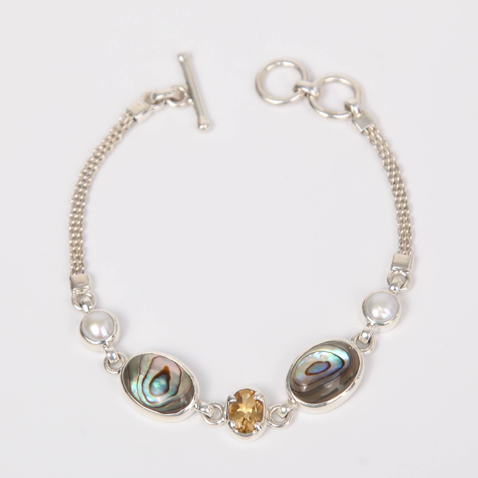 Paua Shell (Rainbow Abalone) Sterling Silver Bracelet with Citrine and Fresh Water Pearl Small