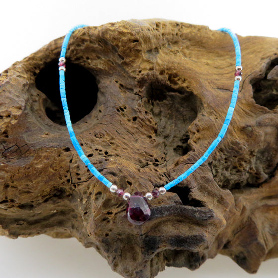 Turquoise Necklace with Garnet and Silver Beads