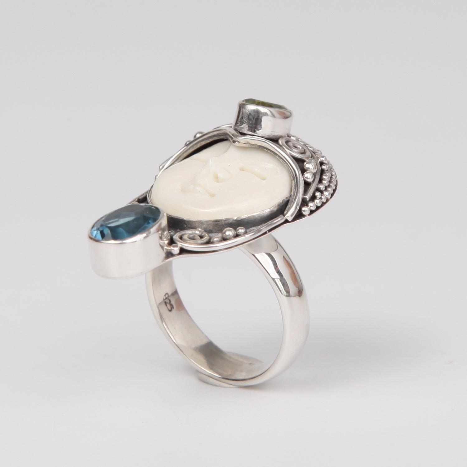 Buffalo Bone (Moon face) Sterling Silver Ring with Blue opaz and Peridot