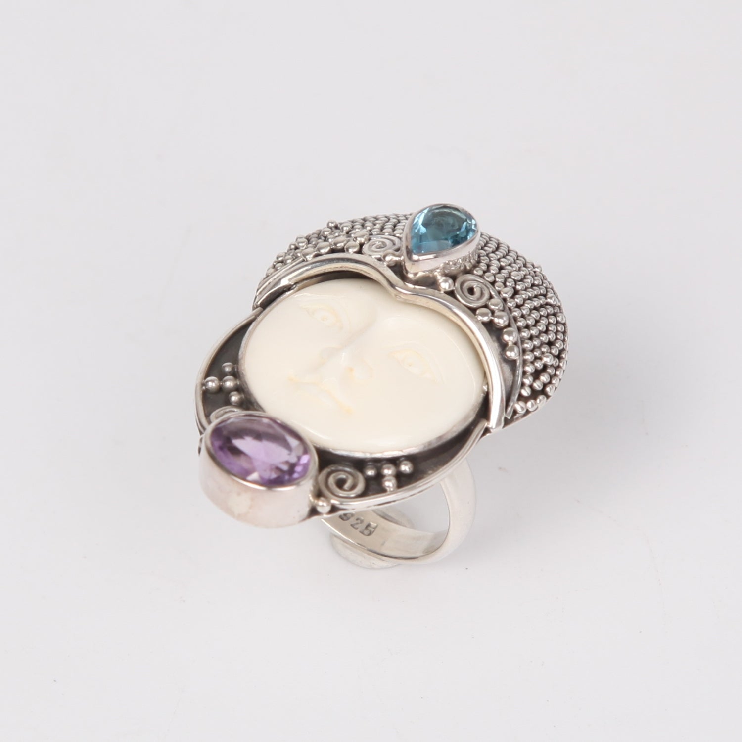 Buffalo Bone (Moon face) Sterling Silver Ring Blue Topaz and Amethyst