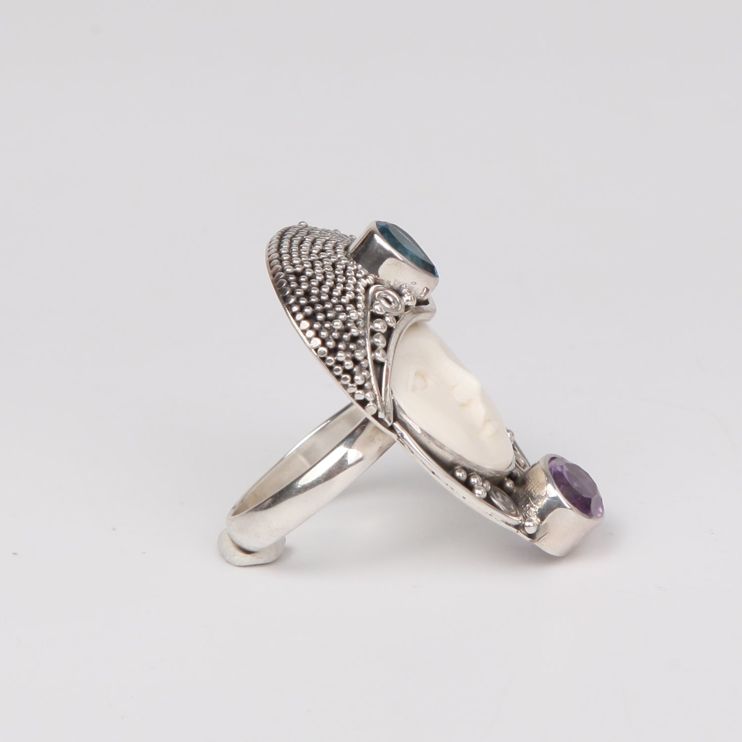 Buffalo Bone (Moon face) Sterling Silver Ring Blue Topaz and Amethyst