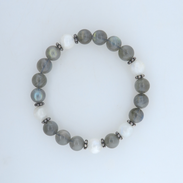 Labradorite Bead Bracelet with Rainbow Moon Stone and Silver