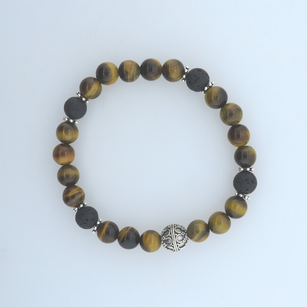 Tiger's Eye Bead Bracelet with Lava and Silver