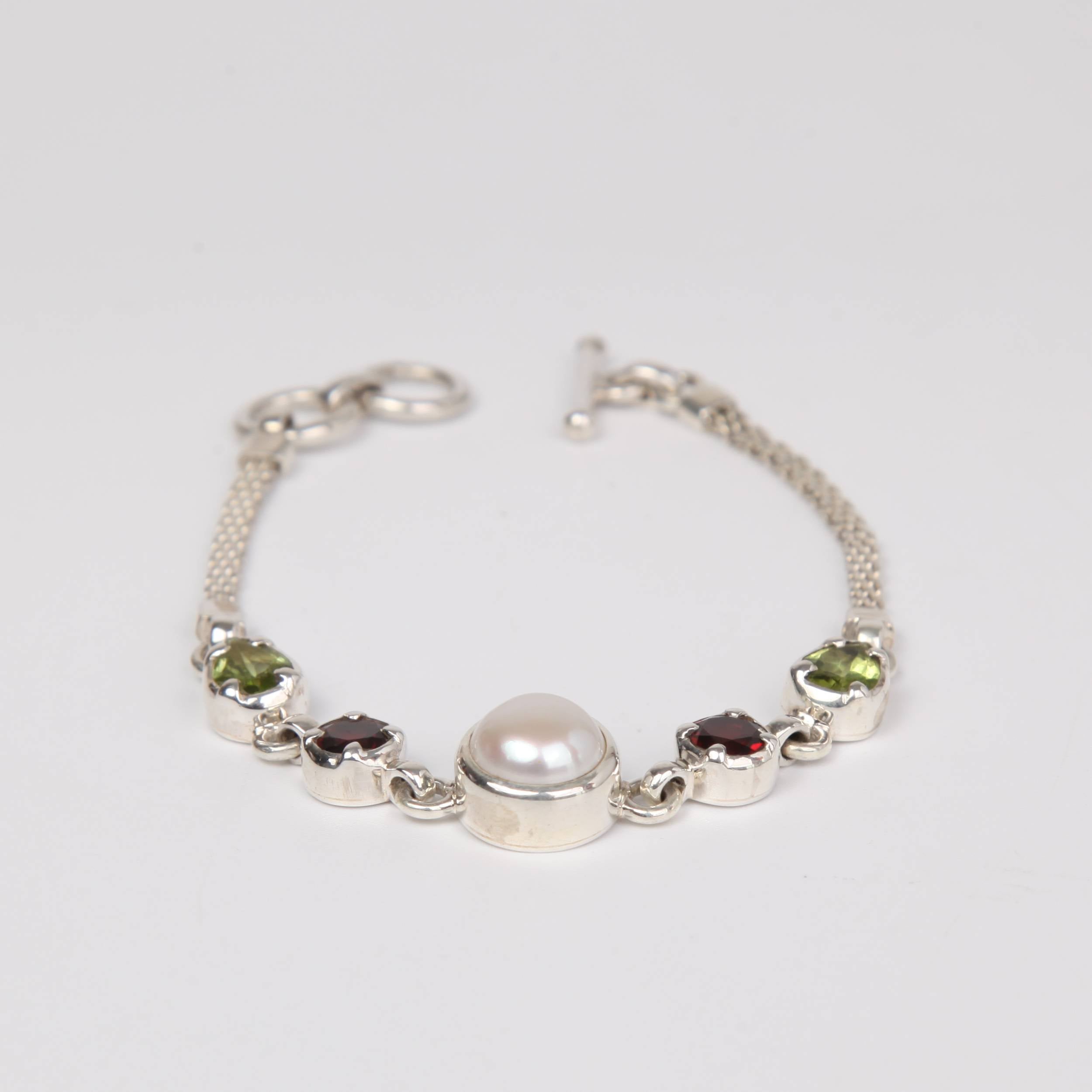 Sterling Silver Bracelet with Fresh Water Pearl, Garnet and Peridot