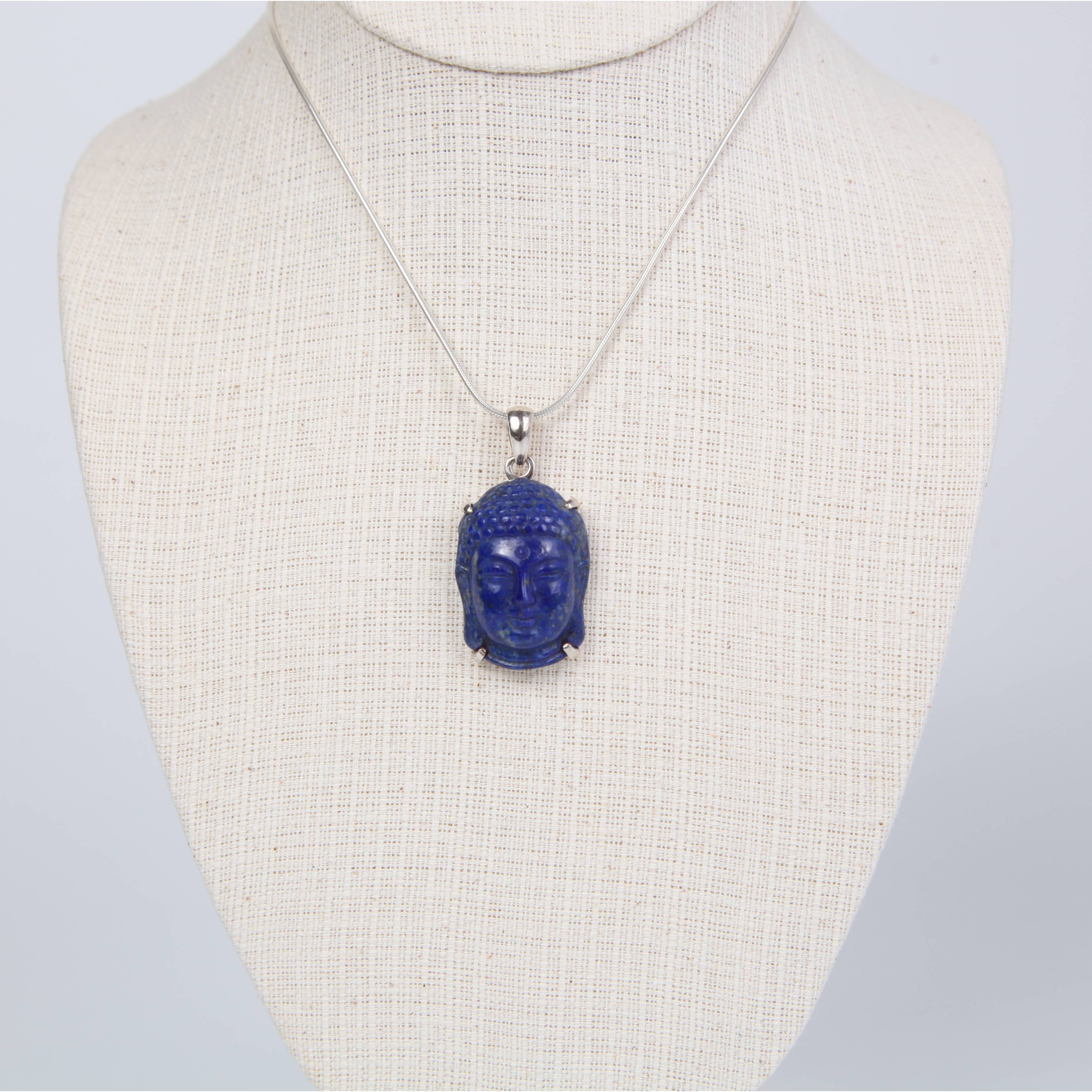 Lapis Lazuli Buddha Head Curved Pendant with Sterling Silver