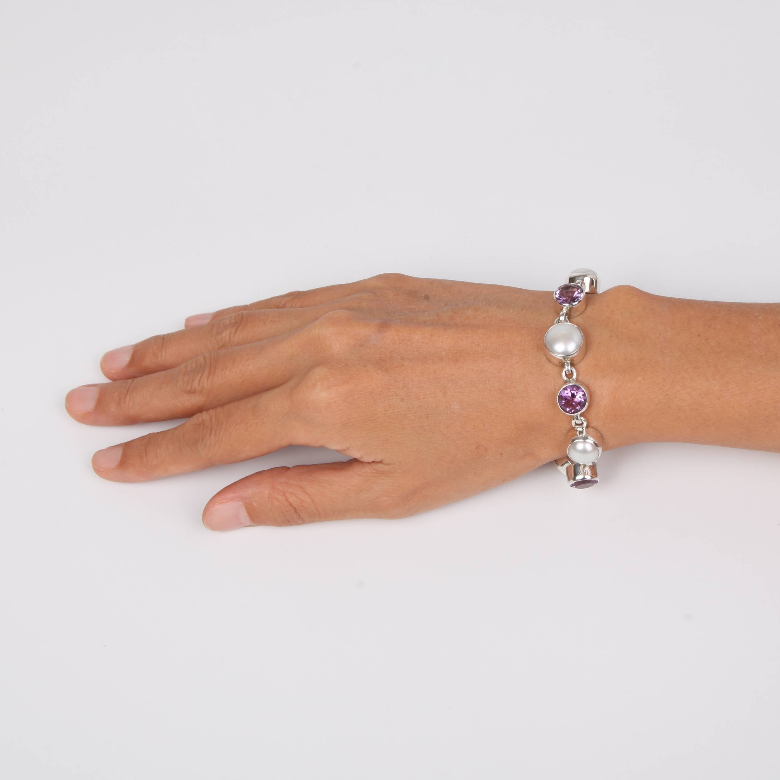 Sterling Silver Bracelet with Fresh Water Pearls and Amethyst