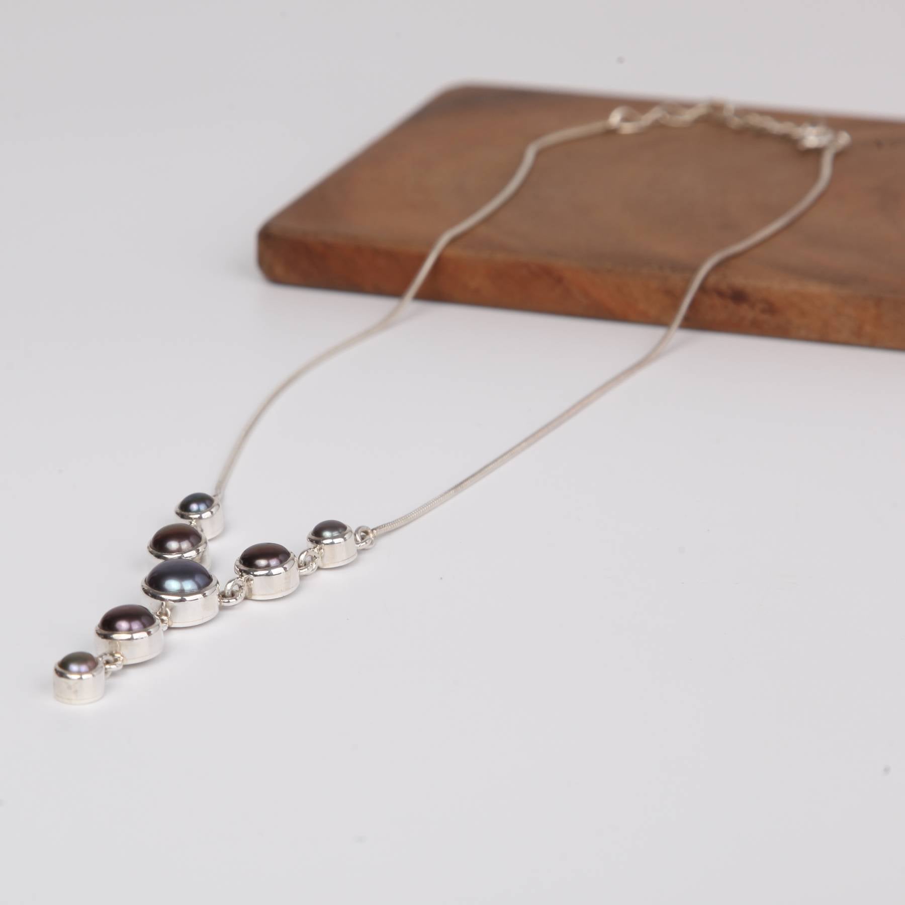 Dark Drop Down Sterling silver Necklace with Fresh Water Pearls