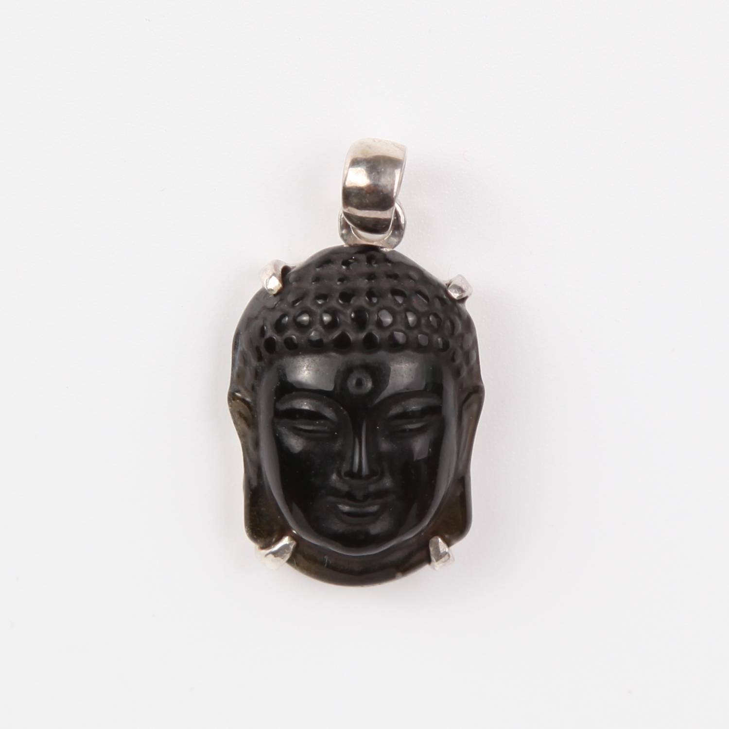 Obsidian Buddha Head Pendant with Sterling Silver Small
