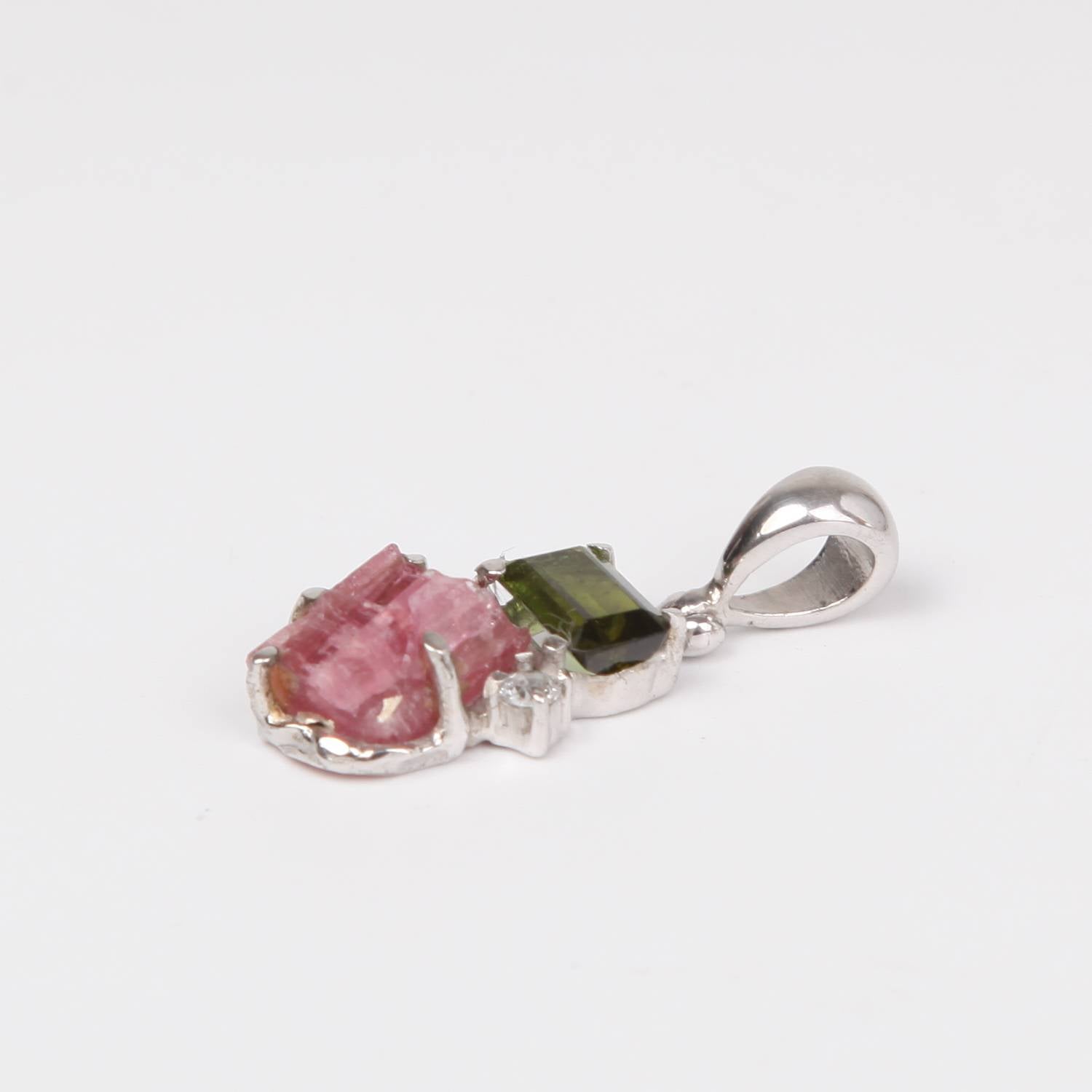 Sterling Silver Pendant with Rough Pink Tourmaline and Table Cut Green Tourmaline