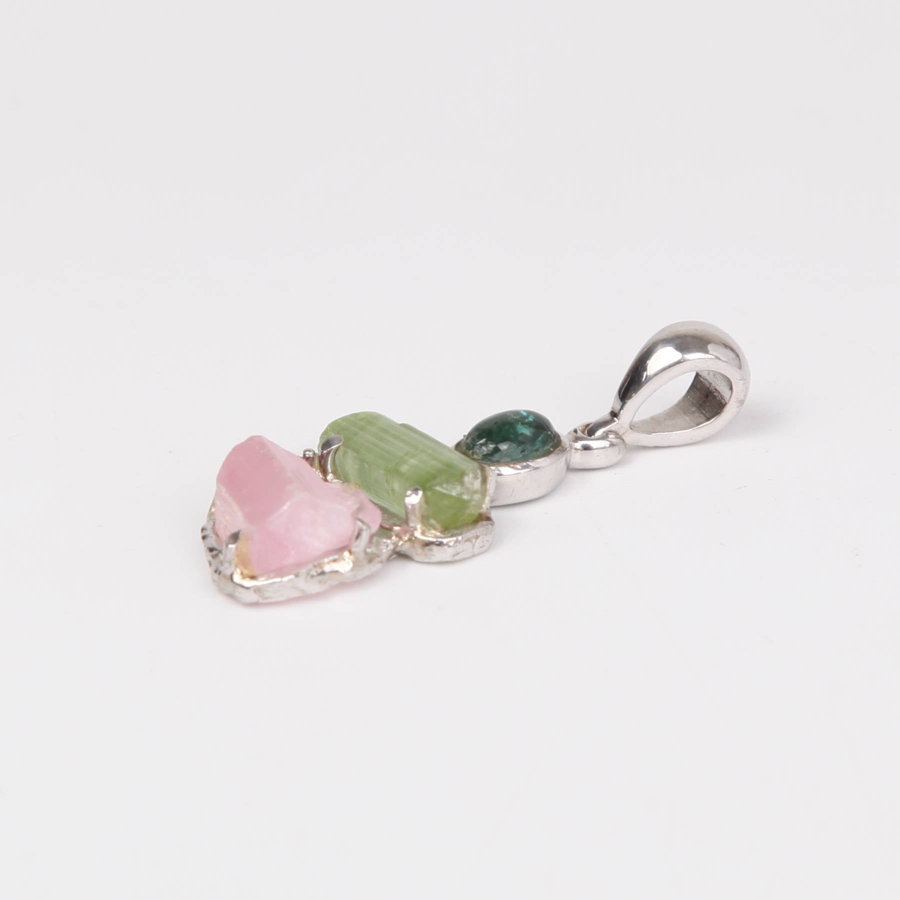 Sterling Silver Pendant with Rough Tourmaline (Pink, Green), Blue Tourmaline Cabochon and Pink Tourmaline (faceted)
