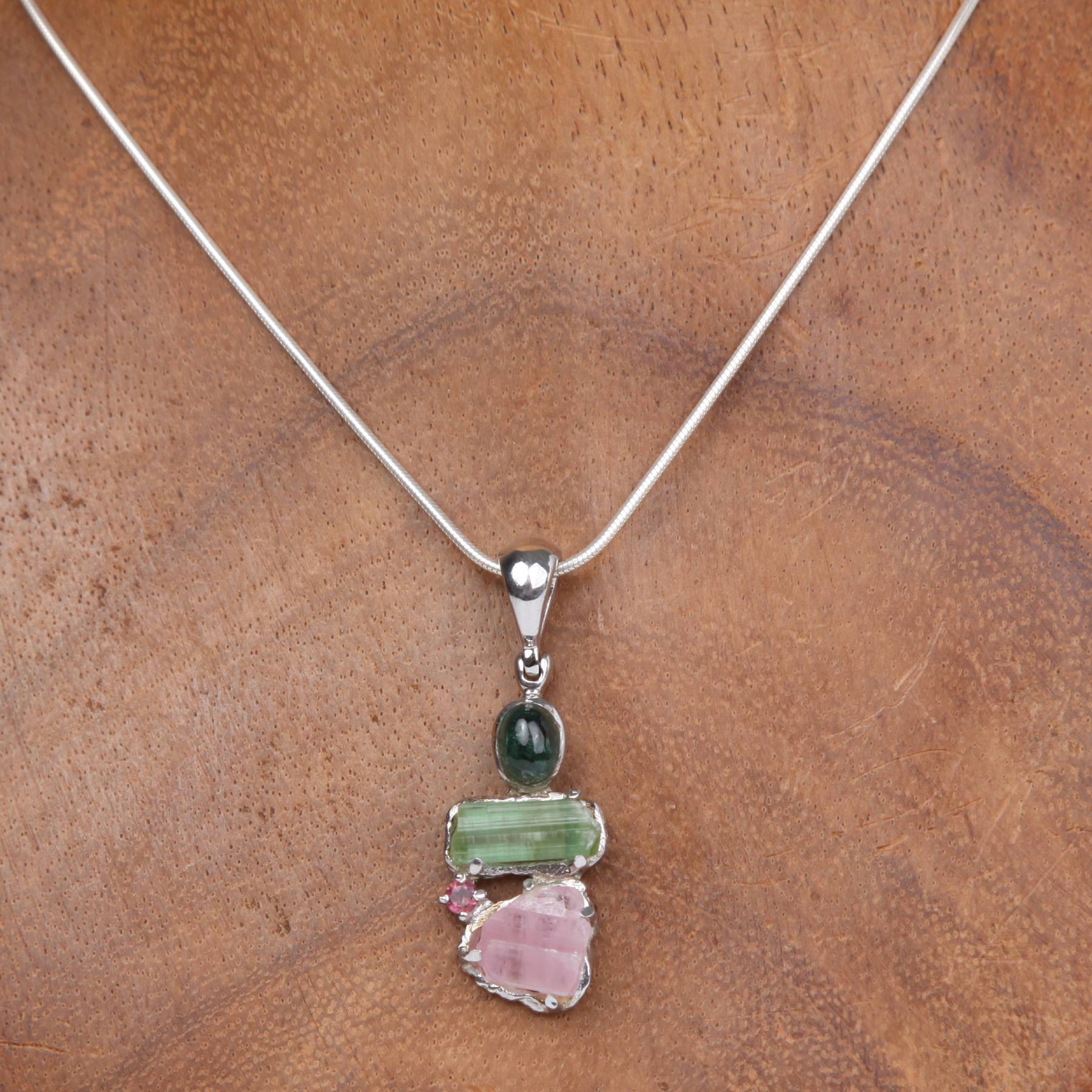 Sterling Silver Pendant with Rough Tourmaline (Pink, Green), Blue Tourmaline Cabochon and Pink Tourmaline (faceted)
