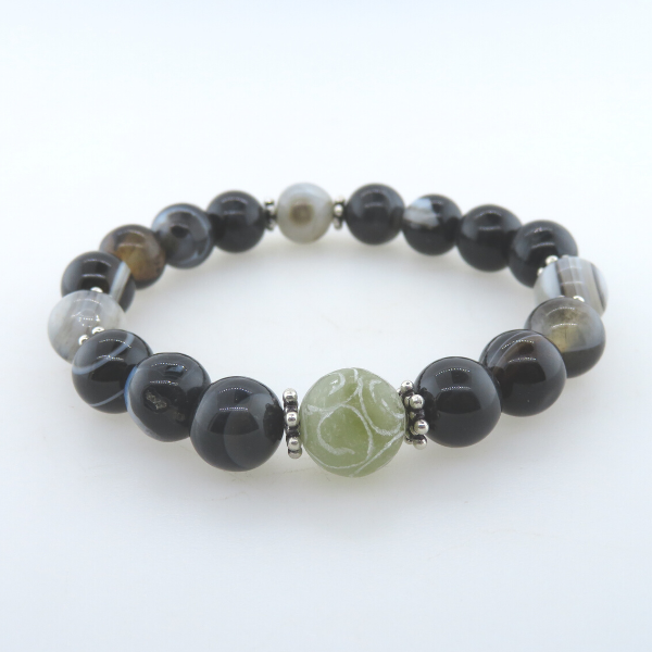 Agate Bead Bracelet with Jade and Silver