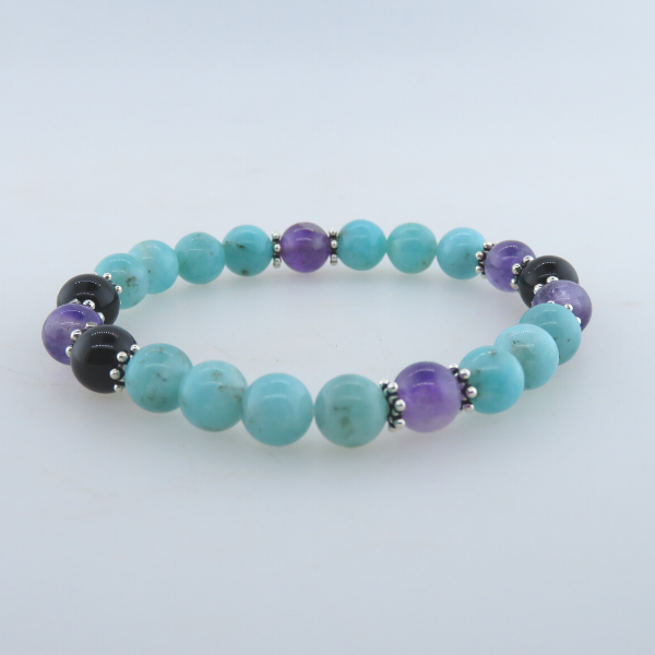 Amazonite Bead Bracelet with Amethyst, Black Onyx and Silver
