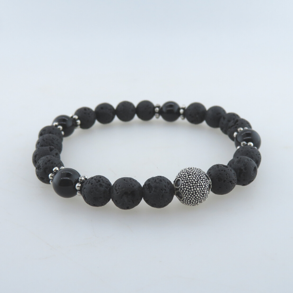 Lava Bead Bracelet with Black Onyx and Silver