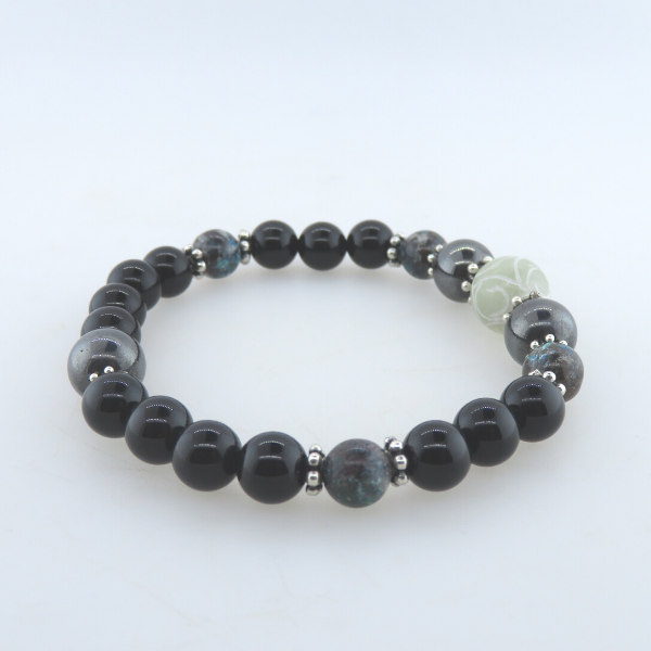 Black Onyx Bead Bracelet with Hematite, Jade, Azurite Malachite and Silver