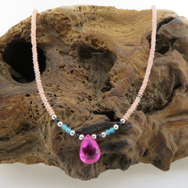 Coral Necklace with Pink Quartz, Blue Apatite, Black Onyx and Silver Beads