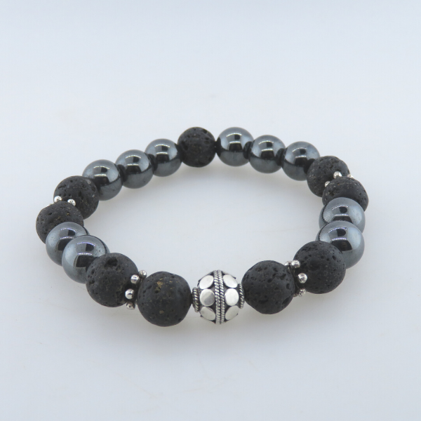 Hematite Bead Bracelet with Lava and Silver