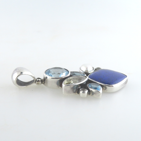 Lapis Lazuli Pendant with Blue Topaz, Yellow Topaz, White Topaz, Fresh Water Pearl and Sterling Silver