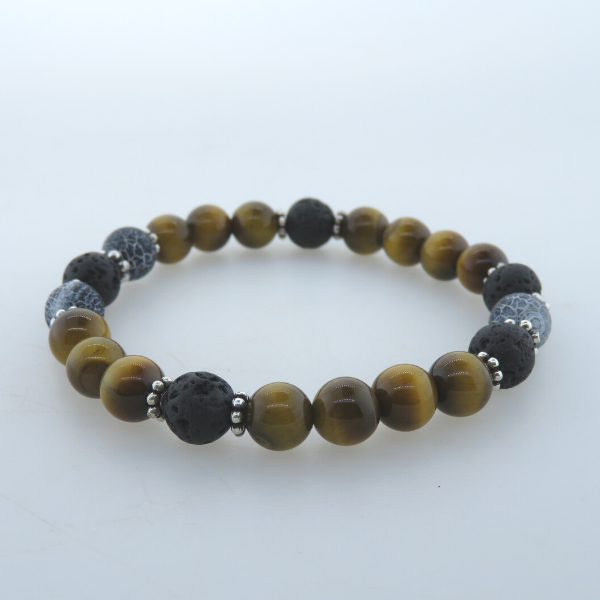 Tiger's Eye Bead Bracelet with Lava, Agate and Silver