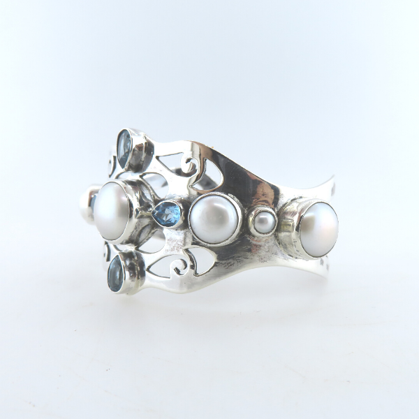 Sterling Silver Bangle with Fresh Water Pearls and Blue Topaz