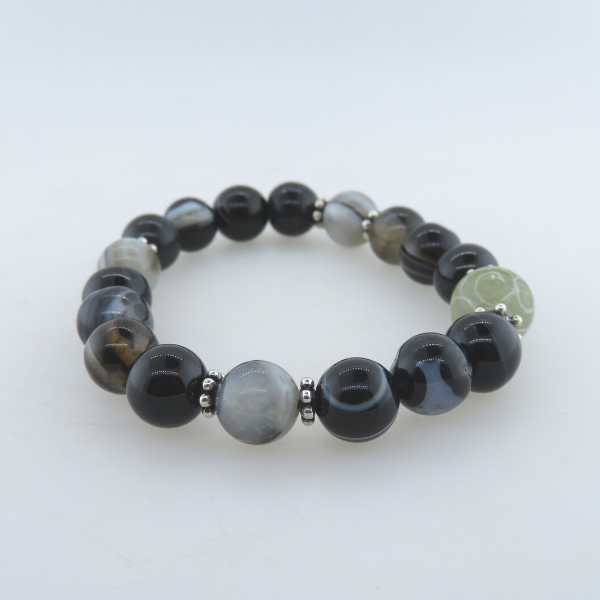 Agate Bead Bracelet with Jade and Silver