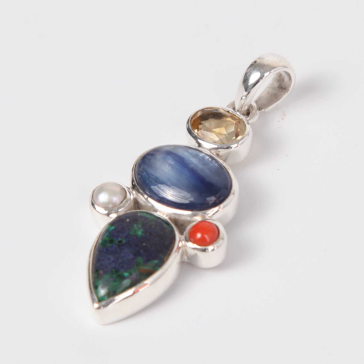 Azurite Malachite Sterling Silver Pendant with Red Coral