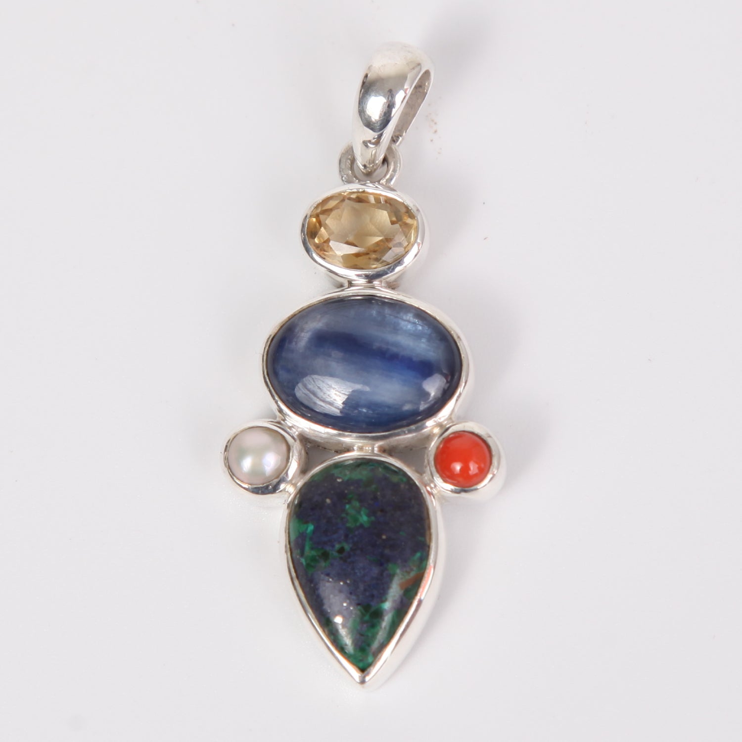 Azurite Malachite Sterling Silver Pendant with Red Coral