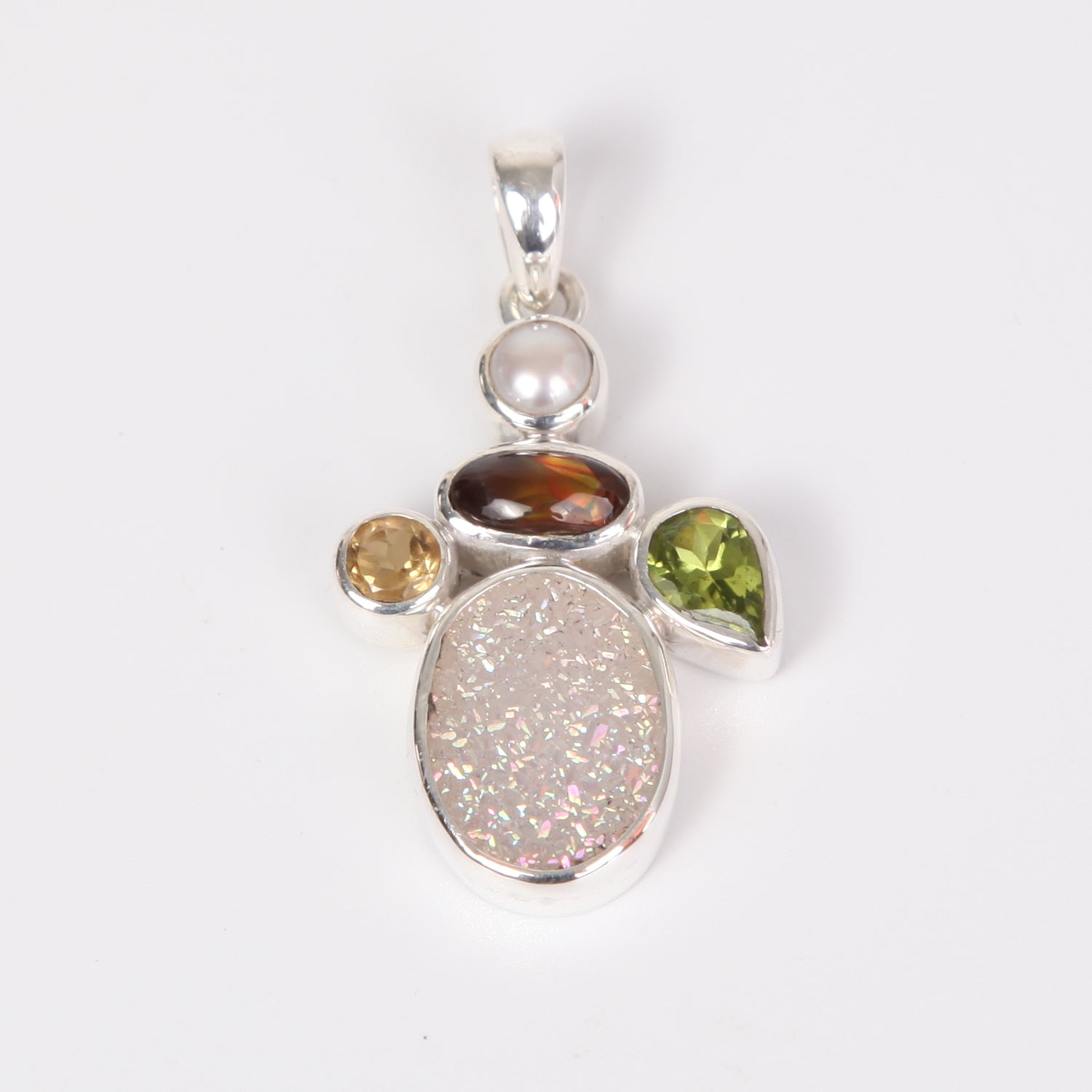 Drusy Quartz Sterling Silver Pendant with Fire Agate, Peridot, Citrine and Fresh Water Pearl