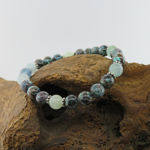 Azurite Malachite Bead Bracelet with Aquamarine and Silver