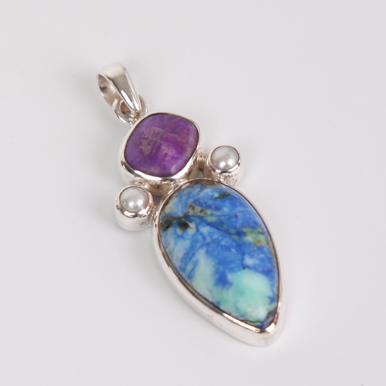 Azurite Sterling Silver Pendant with Sugilite and Fresh Water Pearls
