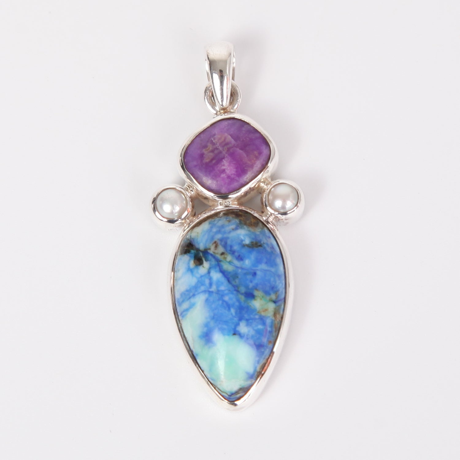 Azurite Sterling Silver Pendant with Sugilite and Fresh Water Pearls