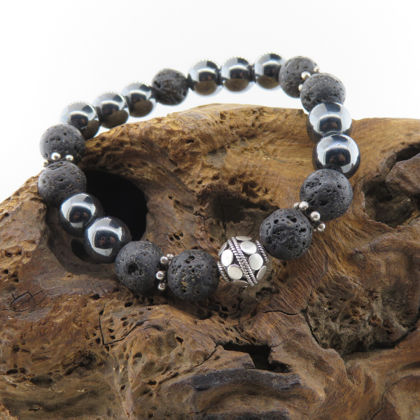 Hematite Bead Bracelet with Lava and Silver