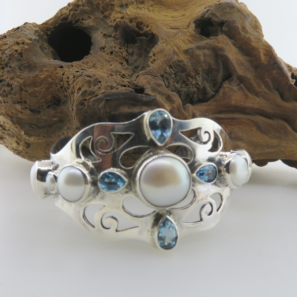Sterling Silver Bangle with Fresh Water Pearls and Blue Topaz