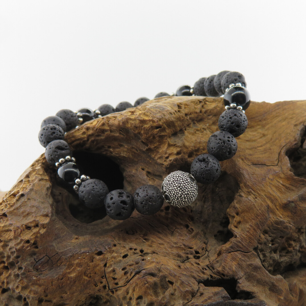Lava Bead Bracelet with Black Onyx and Silver